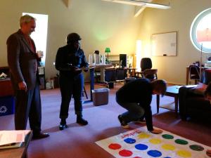 Nevermind all the weirdness going on for Student Appreciation Day; this is my office space. (More or less.)  Guy on the left is my boss so put in a good word.